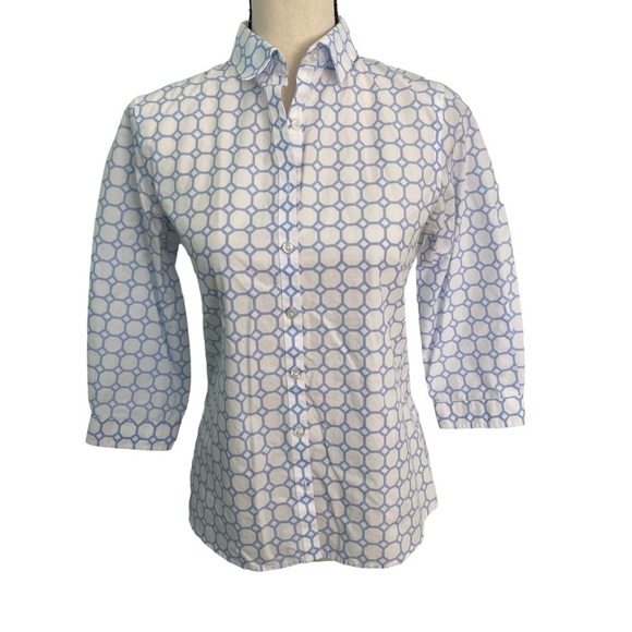 Lands’ End Women’s No Iron Supima Blue & White Pattern Button Up Shirt Top Sz 2 - Picture 1 of 10